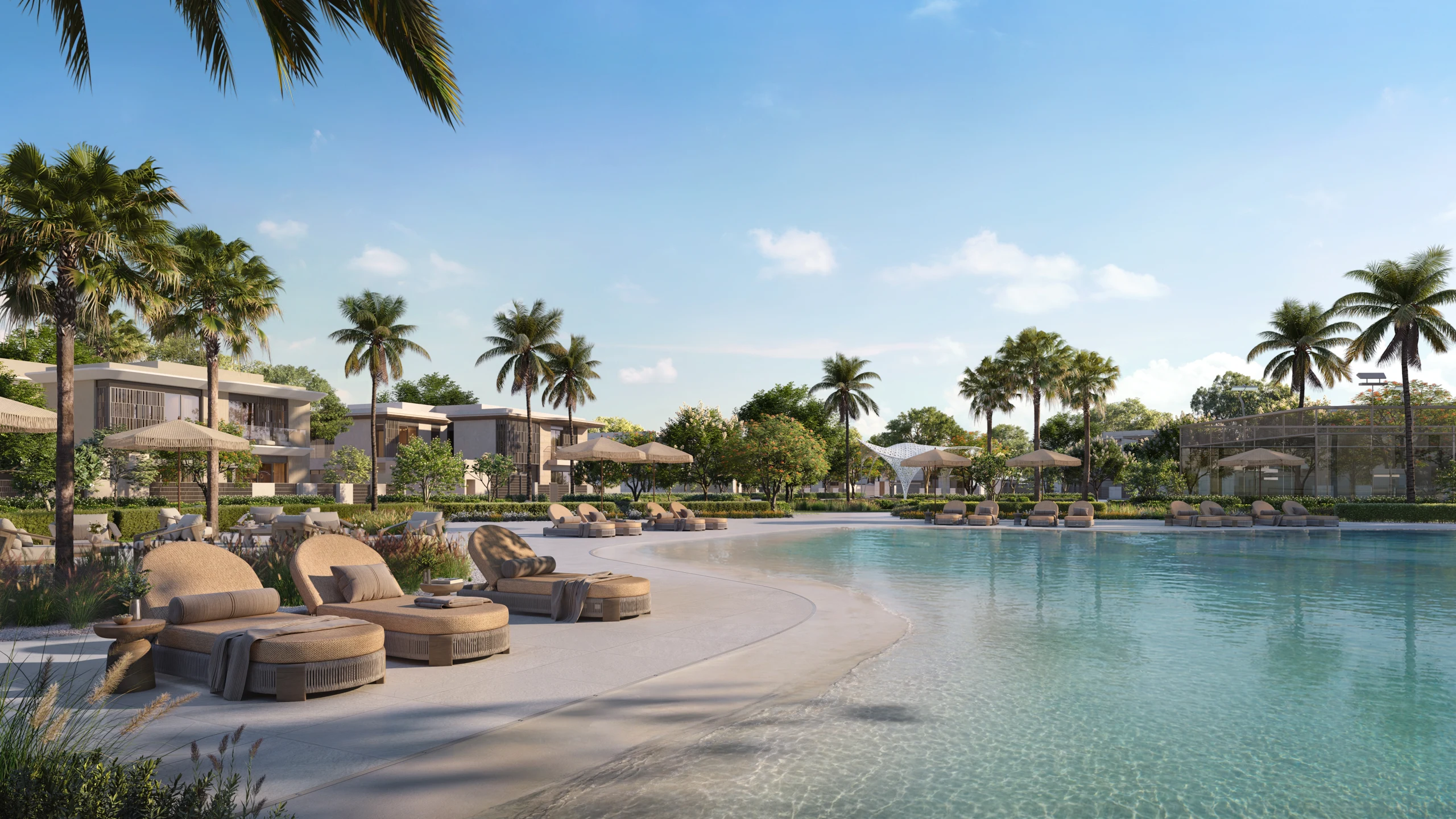 Talay community pool and palm-lined terraces — artist’s impression